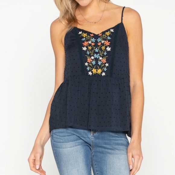 Miss Me Tops - Miss Me Floral Embroidered Swiss Knot Camisole Boho Chic Cottagecore Coastal